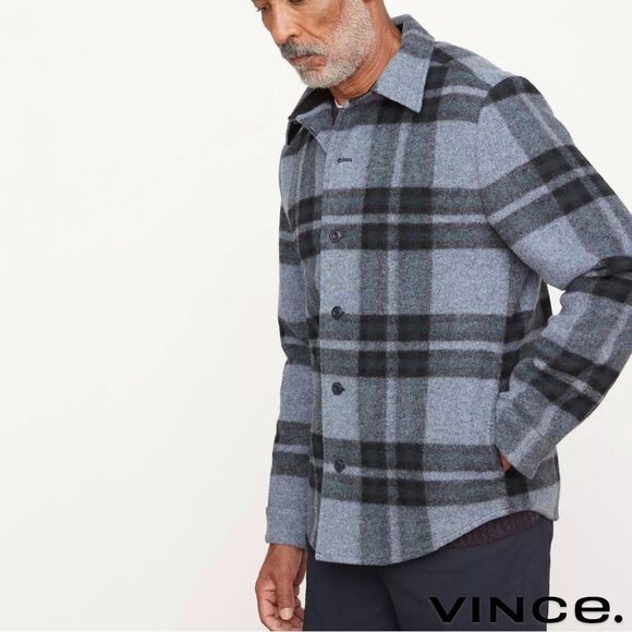 Vince **NWT** Heavy Knit Brushed Flannel Plaid Shirt Jacket in Heather Blue Grey - Picture 15 of 16